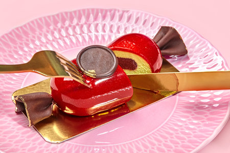 Gold cutlery slicing candy-shaped mousse dessert on pink plateの写真素材