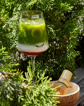 Iced matcha latte with coconut milk presented in wine glass with chasen on blurred green backgroundの写真素材