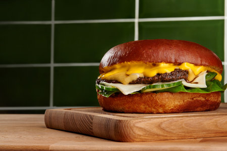 Delicious cheeseburger with melting cheese and pickles on wooden board