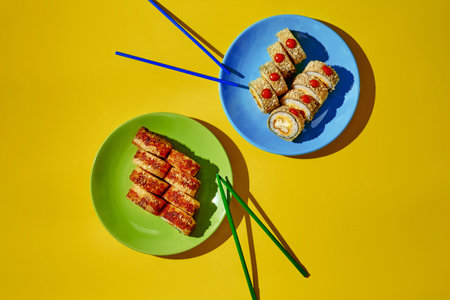 Hot sushi rolls with sesame seeds served on plates with chopsticks on yellow backgroundの写真素材