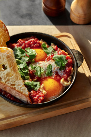 Shakshuka with toasted bread, herbs, and spices in cast iron pan enjoying sunlightの写真素材