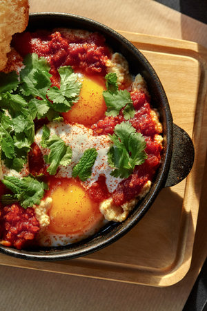 Delicious shakshuka with eggs, tomato sauce, and fresh herbs in cast iron panの写真素材