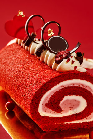 Red velvet roll cake decorated with whipped cream, chocolate and cherries for valentines dayの写真素材