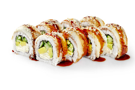 Delicious sushi rolls with avocado, cucumber, cream cheese, sesame and sauce on white backgroundの写真素材