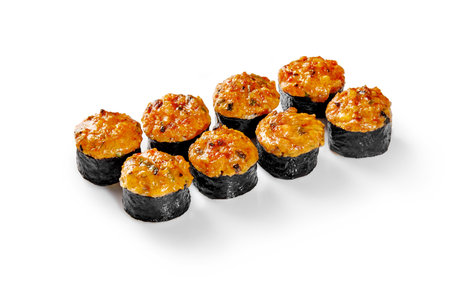 Baked sushi rolls with spicy sauce arranged on white backgroundの写真素材