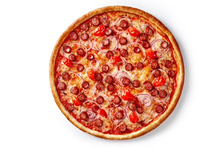 Delicious pizza with sausage, tomato, onion, and melted cheese on white backgroundの写真素材