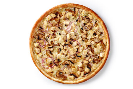 Delicious pizza with grilled chicken, mushrooms, and red onions on white backgroundの写真素材