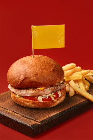 Delicious burger with french fries and yellow flag on red backgroundの写真素材