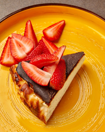 Basque burnt cheesecake with fresh strawberries on yellow plateの写真素材