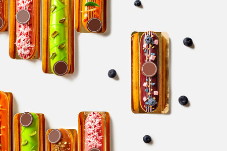 Colorful eclairs with creative toppings forming a pattern on white background