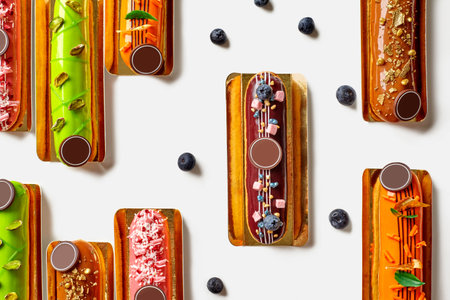 Colorful eclairs with creative decoration lying on white background