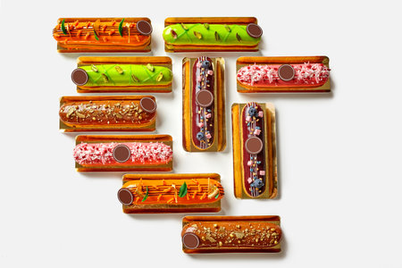 Colorful eclairs with creative toppings creating a vibrant and delicious display