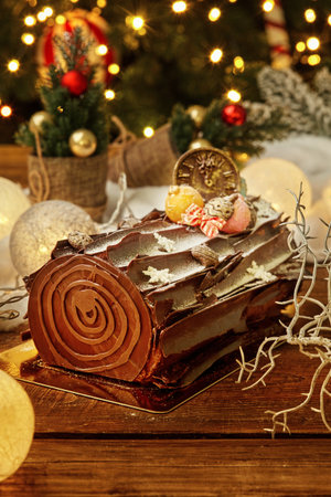 Delicious chocolate yule log cake celebrating christmas and new years eveの写真素材