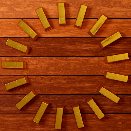 rendered gold bars in circle shape on the planks view from aboveの写真素材