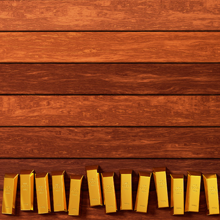 rendered gold bars in row on the planks view from aboveの写真素材