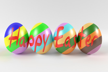 four rendered colorful easter eggs with Happy Easter inscription on the white backgroundの写真素材