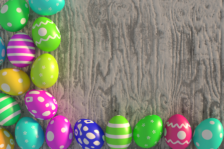 rendered colorful easter eggs on the old rough plankの写真素材