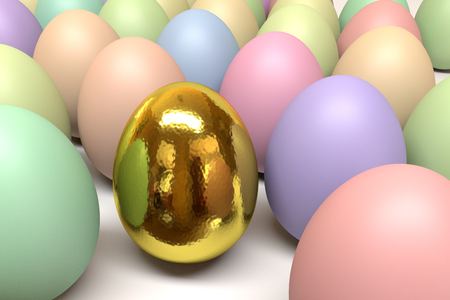 shiny golden egg among colorful easter eggsの写真素材