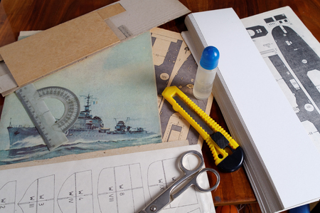 parts and tools for cardboard warship modelの写真素材