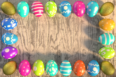 rendered colorful easter eggs on the old rough plankの写真素材