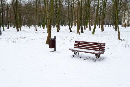 wooden snow covered bench in the city parkの写真素材