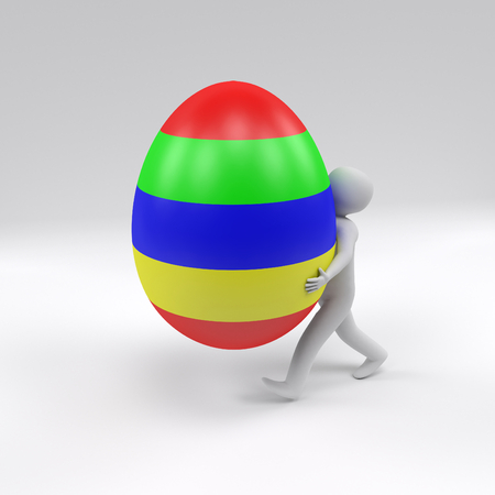 going 3d man hold the big colorful easter egg, 3d renderingの写真素材