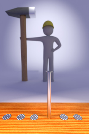 silver nails against the blurred man with the hammer, 3d renderingの写真素材