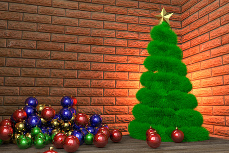 Christmas tree and heap of baubles in the room corner, 3d renderingの写真素材