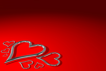 silver shiny metal hearts on the red background, 3d renderingの写真素材