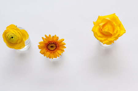 Close up of a single bright yellow rose in a small jar of waterの写真素材