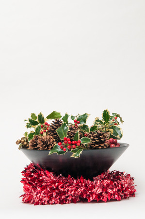 Festive Christmas decoration with holly and ivy on a white background and red ribbon at the baseの写真素材