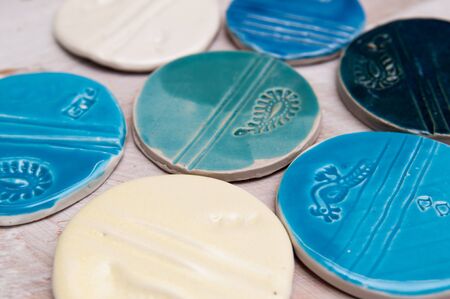 hand made creative ceramic products and objects arranged in a patternの写真素材