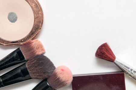 make up brushes for face powder isolated on whiteの写真素材