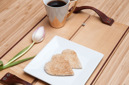 Romantic breakfast in bed concept. Overhead viewの写真素材