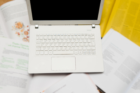 Education and business learning, laptop with booksの写真素材