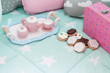 Children's bedroom interior with tea set and toysの写真素材