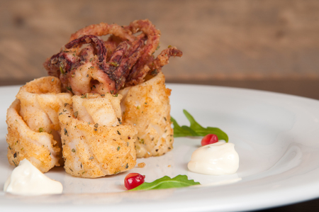 Calamari freshly prepared seafood on a white plateの写真素材