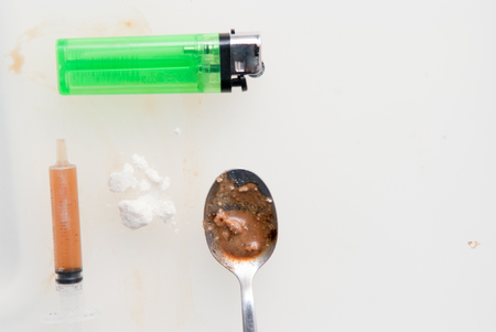 drugs and substance abuse, cooked heroin and syringeの写真素材