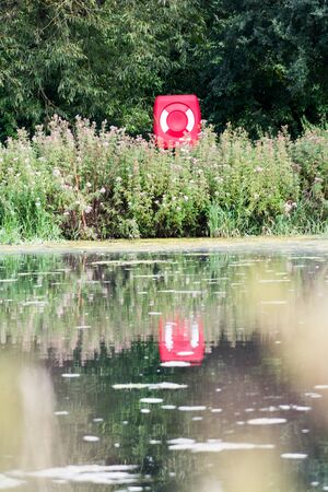 Life ring buoy at a lakeの写真素材
