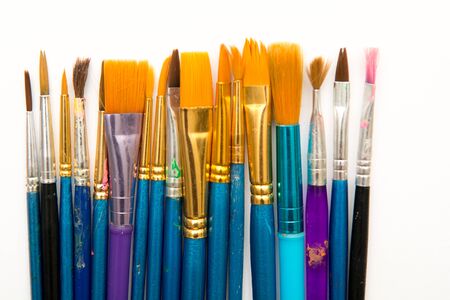 Paint brushes isolated, used artist tools with copy spaceの写真素材