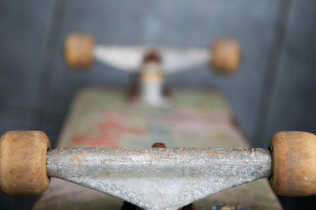 Close up of worn out skateboard wheels with copy spaceの写真素材