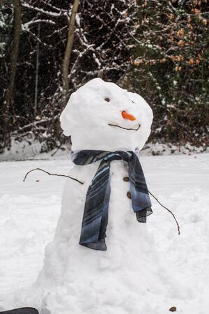 Snowman in the garden with snow falling aroundの写真素材