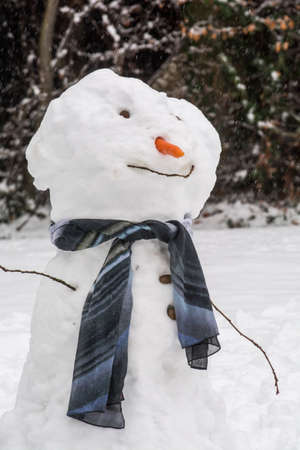 Snowman in the garden with snow falling aroundの写真素材