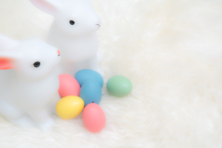 Easter eggs and Easter bunny on an Easter egg huntの写真素材