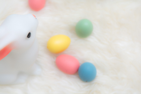 Easter eggs and Easter bunny on an Easter egg huntの写真素材