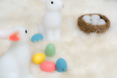 Easter eggs and Easter bunny on an Easter egg huntの写真素材