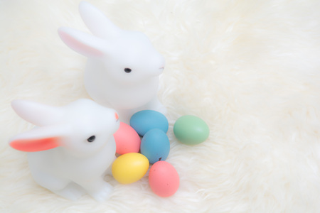 Easter eggs and Easter bunny on an Easter egg huntの写真素材