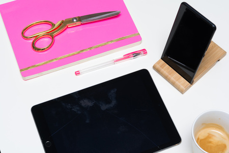 Office desk top view of modern workspace for project templateの写真素材