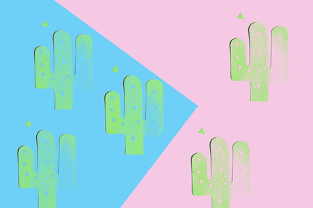 Cactus pattern on blue and pink backgroundの写真素材