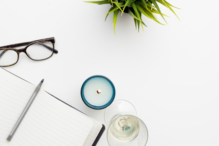 Planning for new business, desk overhead with white spaceの写真素材